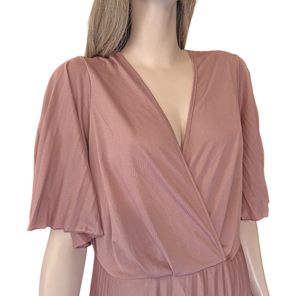 ASOS Dress Simply Be Pleated Kimono Sleeve Deep V Neck Midi Skater Rose Pink - Picture 8 of 14